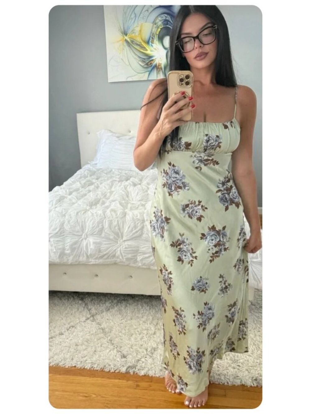 Thirty Thirty Dress Green Floral Satin Spaghetti Strap Dress sz M